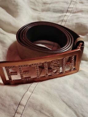 FETISH Brand Leather Belt With Rhinestone Pinkish Gold Buckle